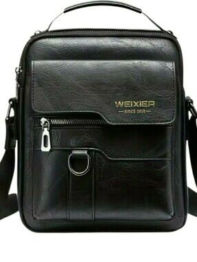 WEIXIER mens black genuine structured leather messenger bag.